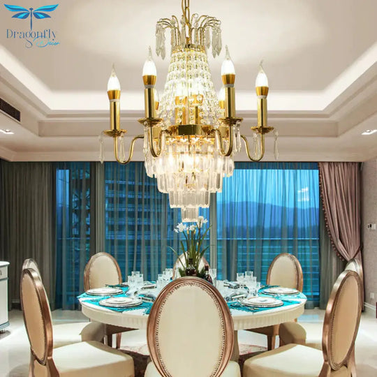 Gold 10 Lights Chandelier Lamp Traditional Metal Candelabra Hanging Light Fixture With Crystal