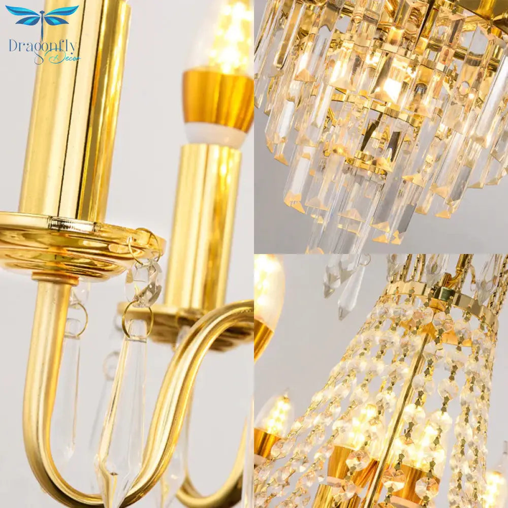 Gold 10 Lights Chandelier Lamp Traditional Metal Candelabra Hanging Light Fixture With Crystal