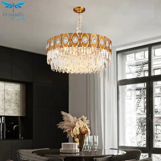 Gold 12 Heads Hanging Lamp Kit Postmodern Tri - Sided Crystal Rod Drum Chandelier Light