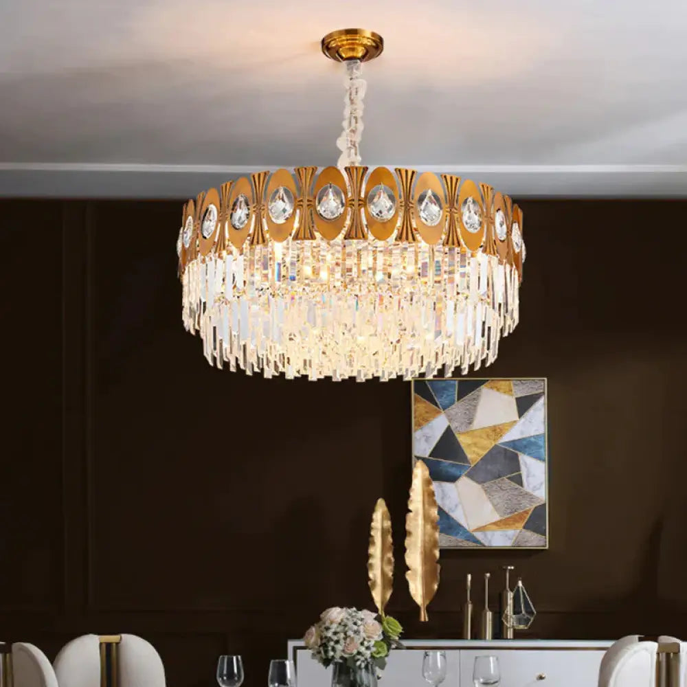 Gold 12 Heads Hanging Lamp Kit Postmodern Tri - Sided Crystal Rod Drum Chandelier Light