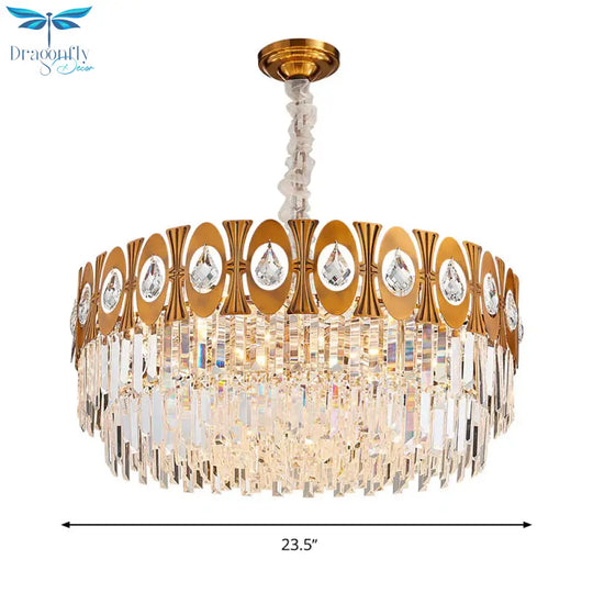 Gold 12 Heads Hanging Lamp Kit Postmodern Tri - Sided Crystal Rod Drum Chandelier Light