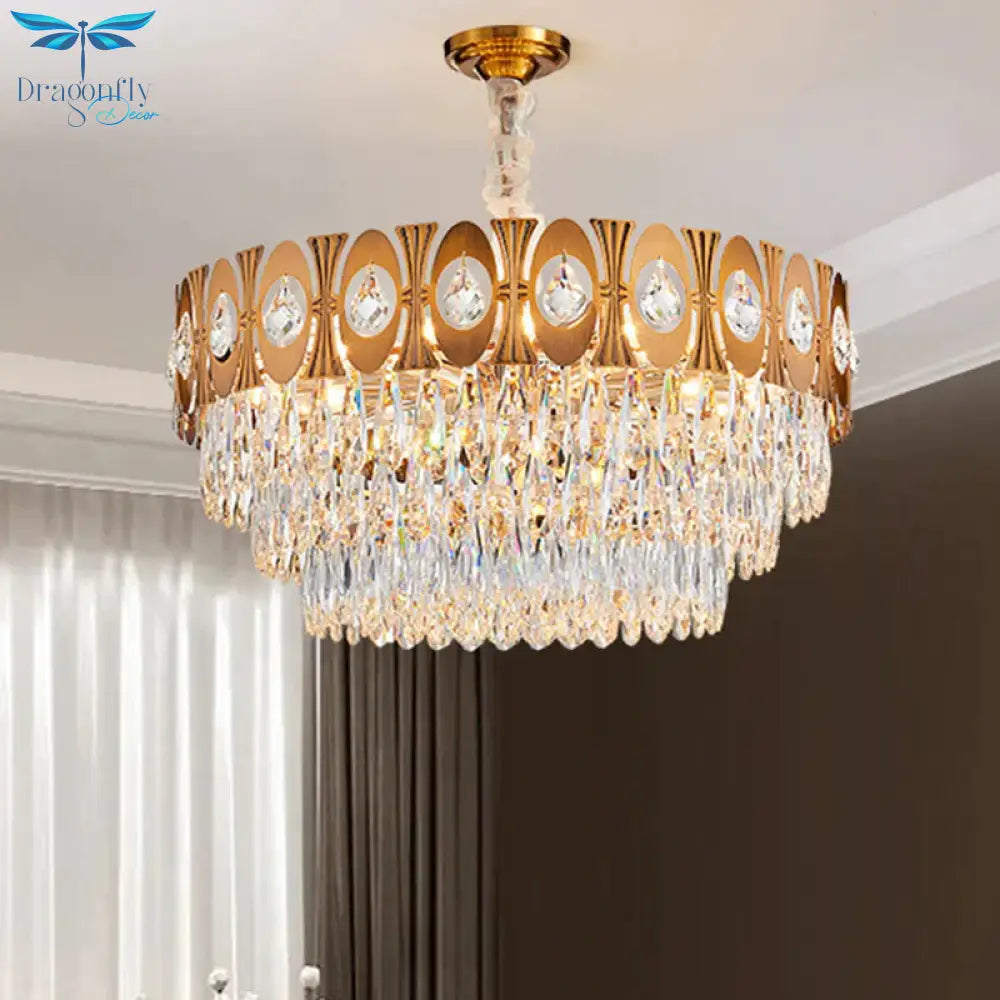 Gold 12 Heads Hanging Lamp Kit Postmodern Tri - Sided Crystal Rod Drum Chandelier Light