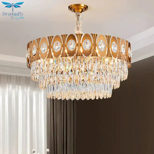 Gold 12 Heads Hanging Lamp Kit Postmodern Tri - Sided Crystal Rod Drum Chandelier Light