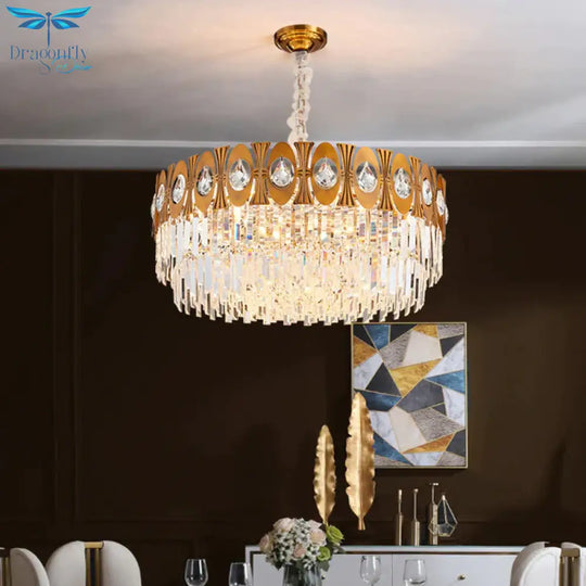 Gold 12 Heads Hanging Lamp Kit Postmodern Tri - Sided Crystal Rod Drum Chandelier Light