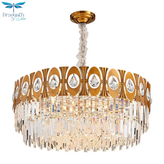 Gold 12 Heads Hanging Lamp Kit Postmodern Tri - Sided Crystal Rod Drum Chandelier Light