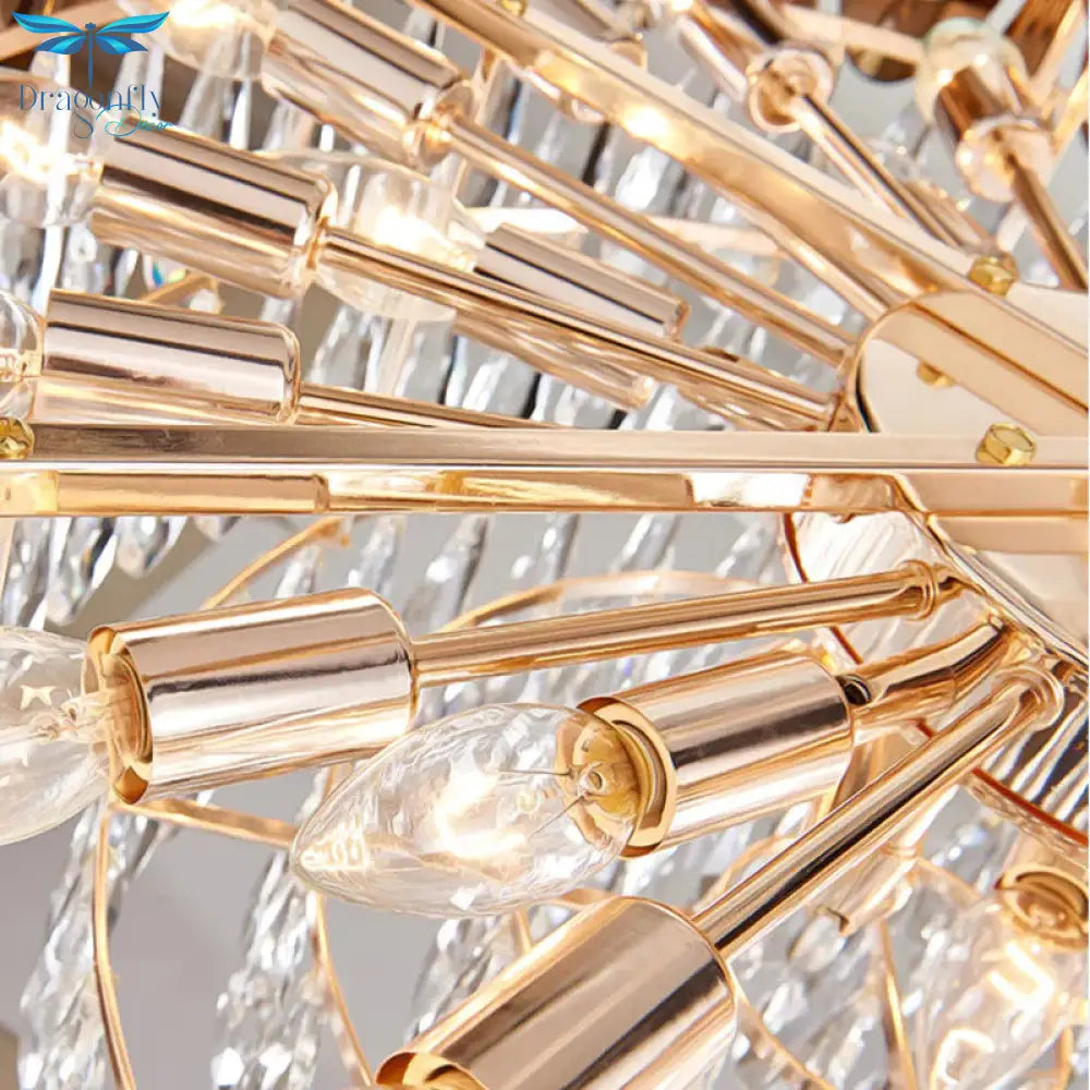 Gold 12 Heads Hanging Lamp Kit Postmodern Tri - Sided Crystal Rod Drum Chandelier Light