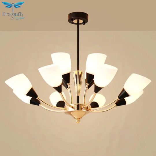 Gold 12 Lights Chandelier Light Fixture Traditional White Glass Oval Shade Pendant Lamp With