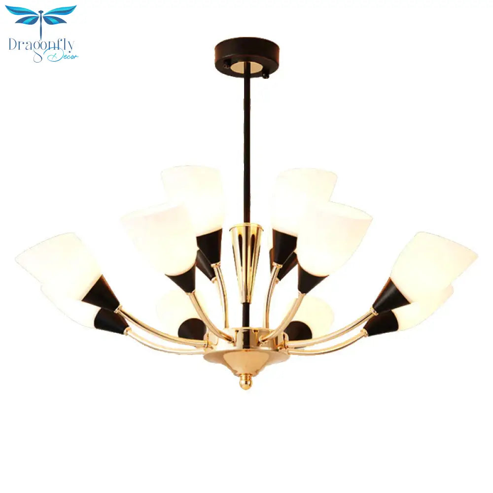 Gold 12 Lights Chandelier Light Fixture Traditional White Glass Oval Shade Pendant Lamp With