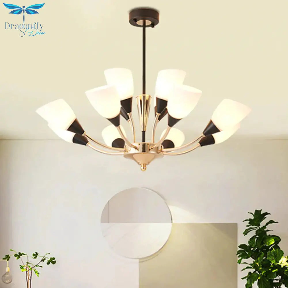 Gold 12 Lights Chandelier Light Fixture Traditional White Glass Oval Shade Pendant Lamp With