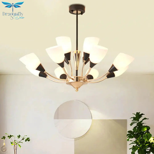 Gold 12 Lights Chandelier Light Fixture Traditional White Glass Oval Shade Pendant Lamp With