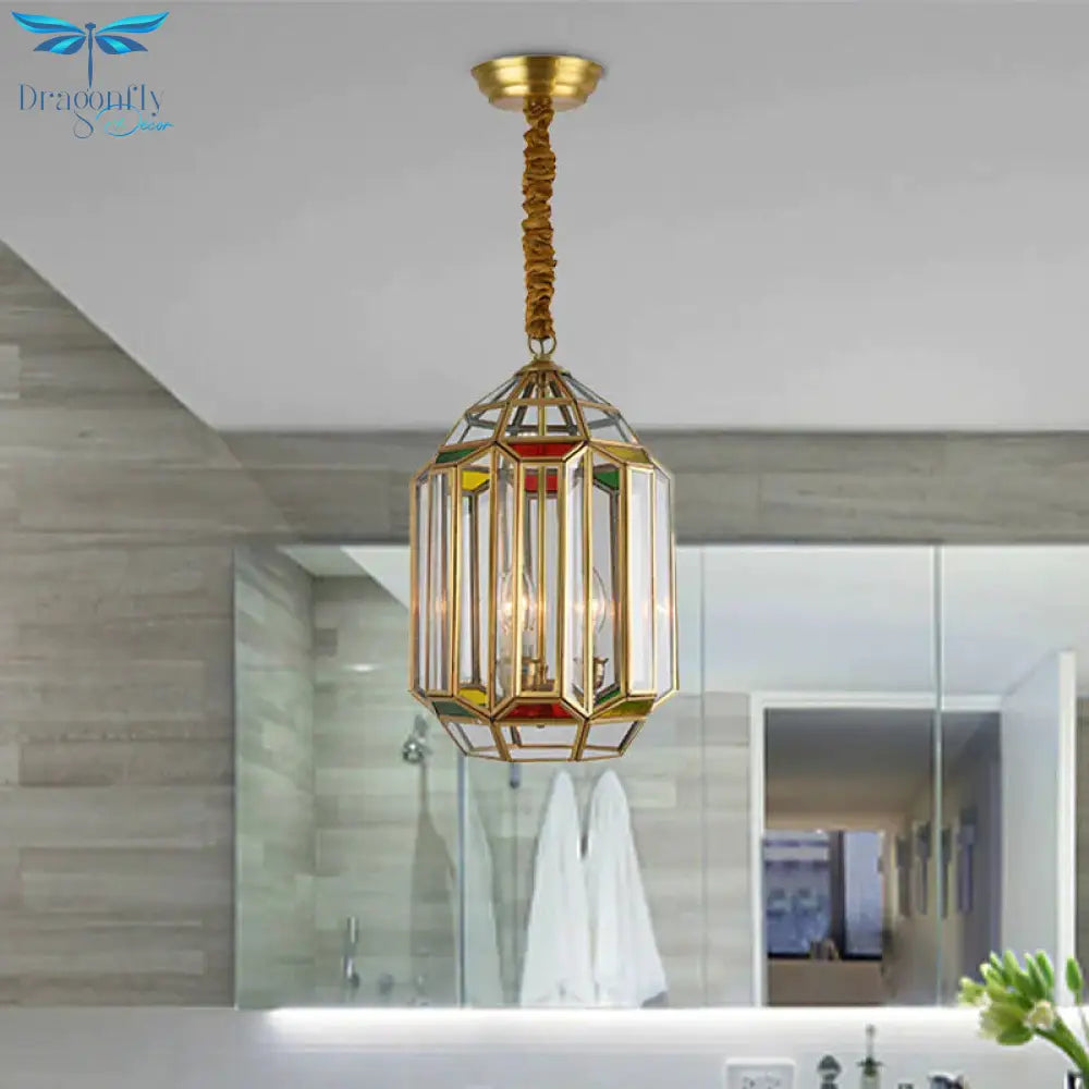 Gold 3 Heads Chandelier Lighting Colonialism Metal Lantern Pendant Ceiling Light With Clear Glass