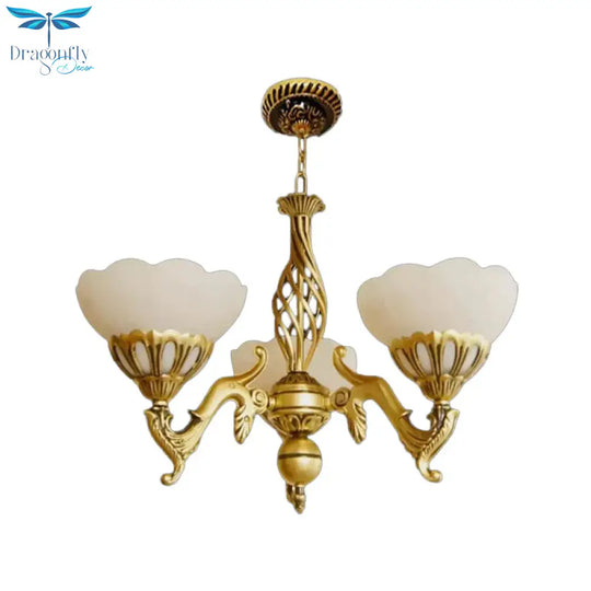 Gold 3 Heads Chandelier Lighting Traditional Ivory Glass Flower Hanging Light Fixture