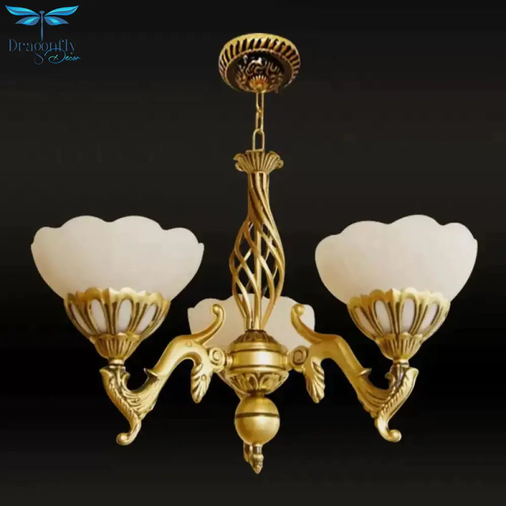 Gold 3 Heads Chandelier Lighting Traditional Ivory Glass Flower Hanging Light Fixture