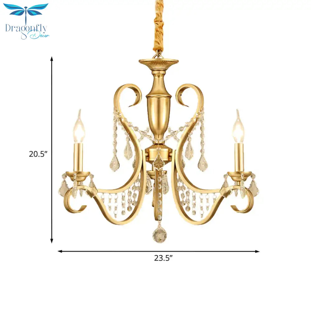 Gold 3 - Light Ceiling Chandelier Countryside Metal Candelabra Pendant Lighting With Crystal Accent