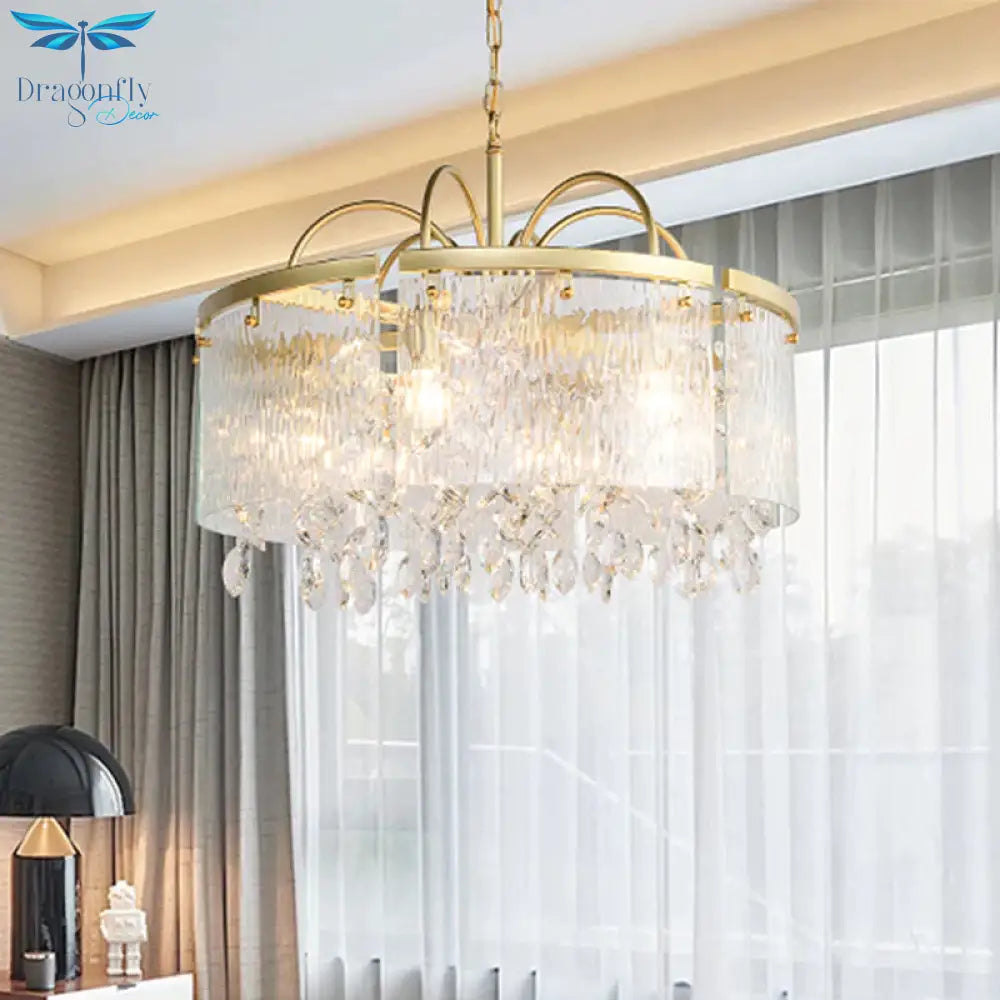 Gold 4/6/8 Lights Pendant Chandelier Simple Crystal Round Suspension Lighting Fixture In For Living