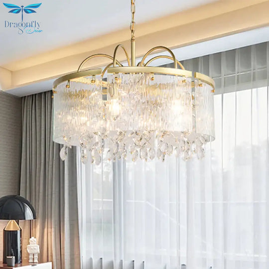 Gold 4/6/8 Lights Pendant Chandelier Simple Crystal Round Suspension Lighting Fixture In For Living