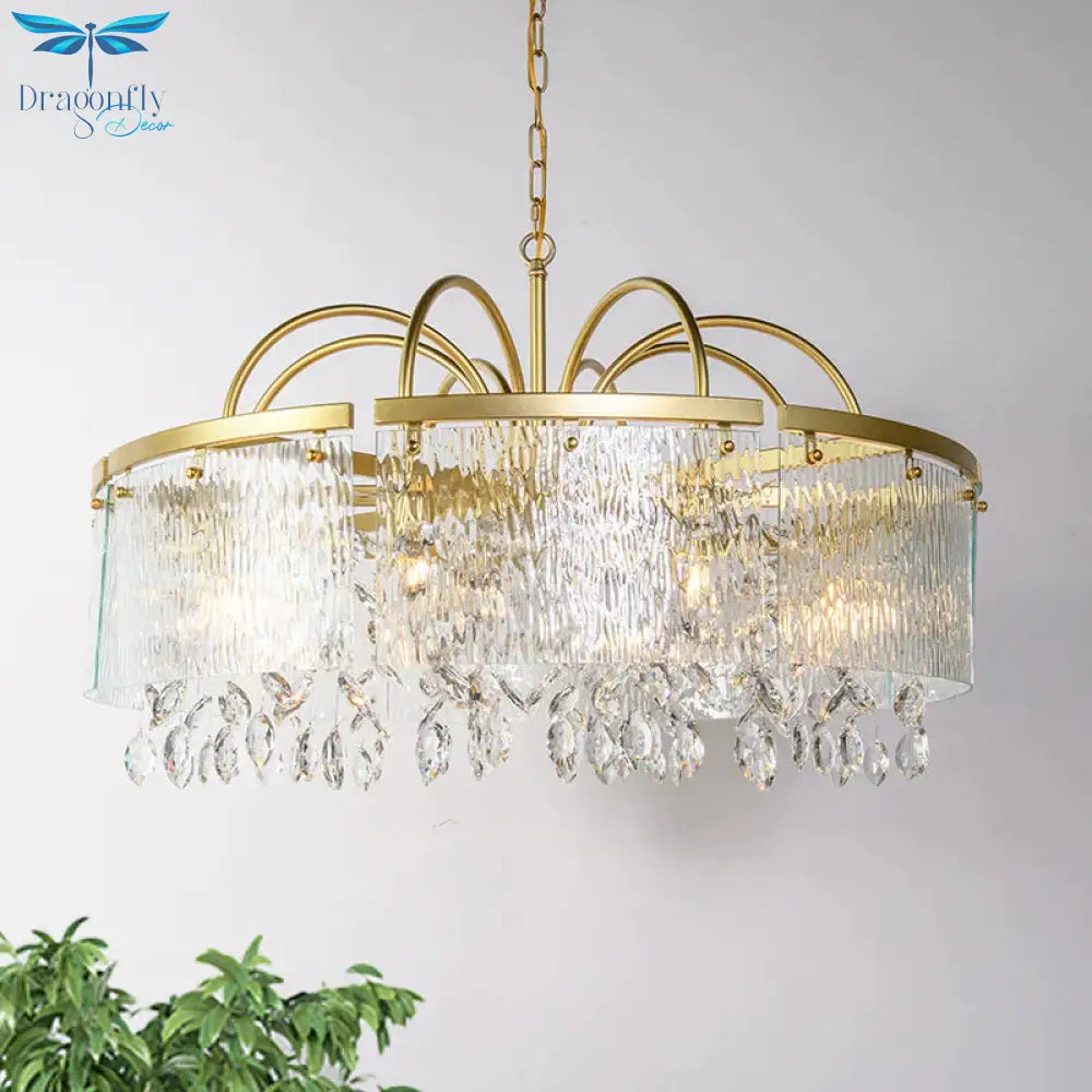 Gold 4/6/8 Lights Pendant Chandelier Simple Crystal Round Suspension Lighting Fixture In For Living