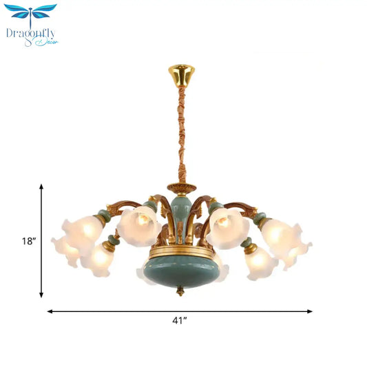 Gold 6/8/10 - Bulb Ceiling Suspension Lamp Retro Style Cream Glass Blossom Shaped Chandelier