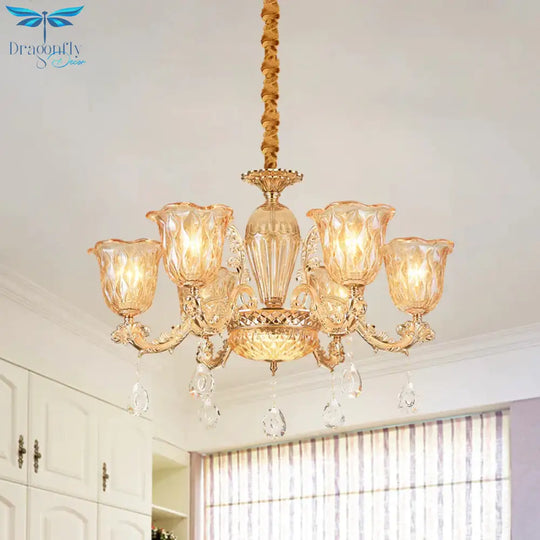 Gold 6 - Bulb Pendant Light Fixture Mid Century Amber Glass Floral Chandelier With Crystal Drop
