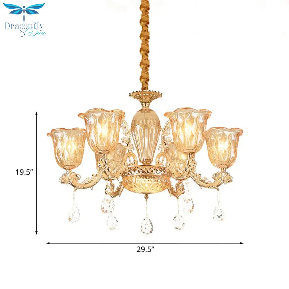 Gold 6 - Bulb Pendant Light Fixture Mid Century Amber Glass Floral Chandelier With Crystal Drop