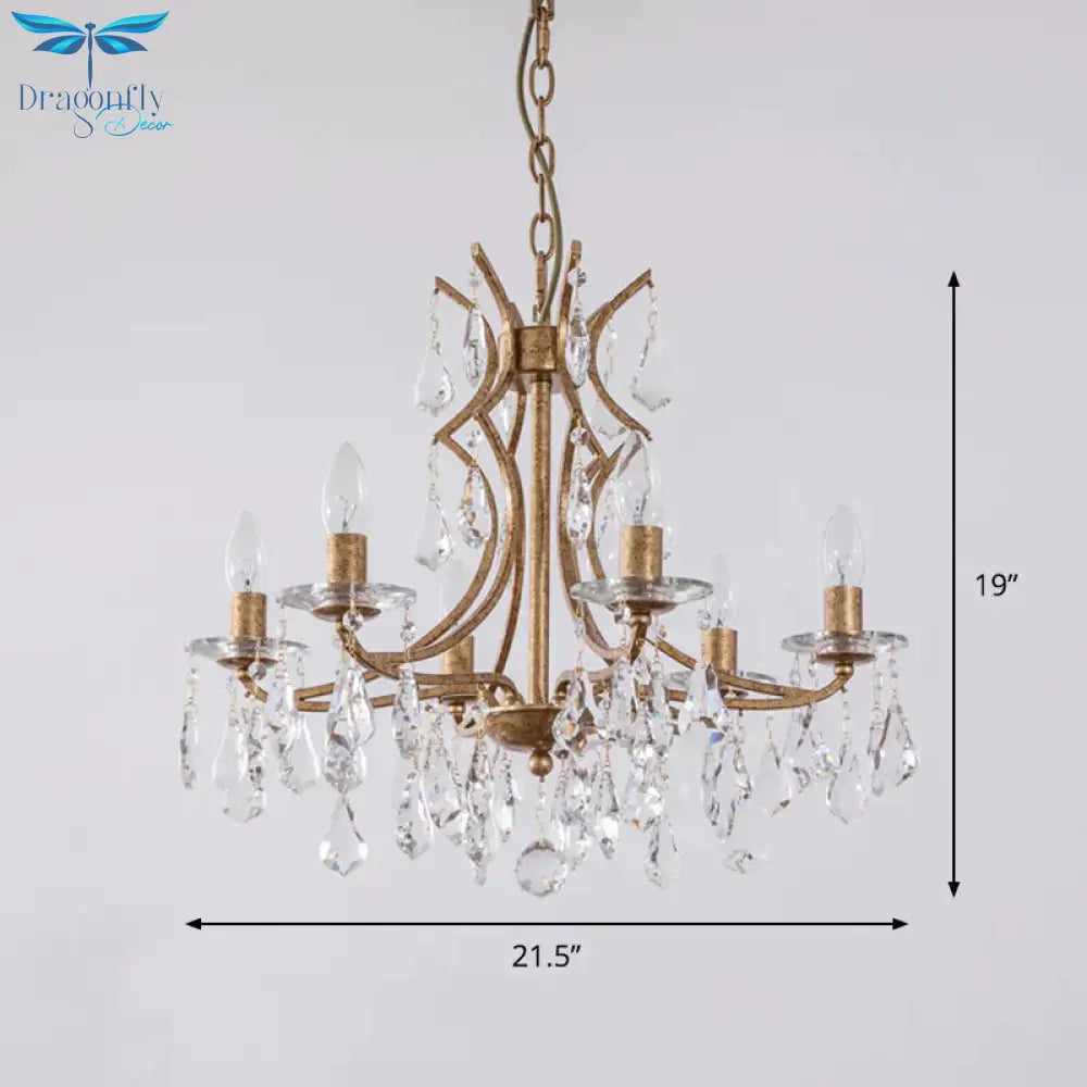 Gold 6 Bulbs Chandelier Lighting Vintage Faceted Crystal Single Tier Ceiling Pendant Light With