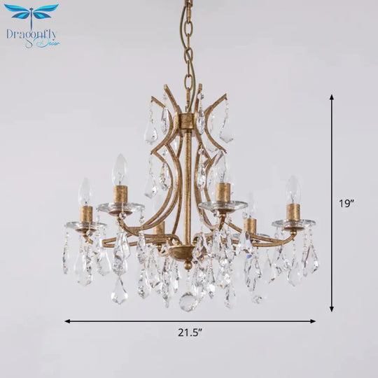 Gold 6 Bulbs Chandelier Lighting Vintage Faceted Crystal Single Tier Ceiling Pendant Light With