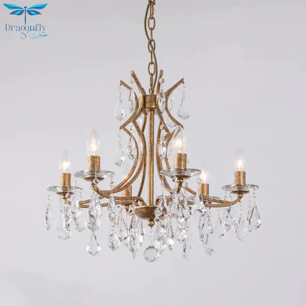 Gold 6 Bulbs Chandelier Lighting Vintage Faceted Crystal Single Tier Ceiling Pendant Light With