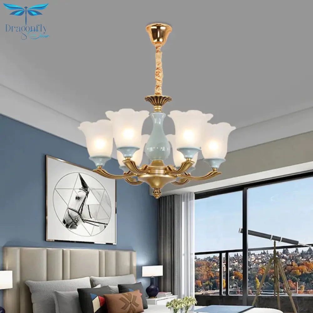 Gold 6 Bulbs Pendant Lighting Rural Style Frosted Glass Flower Ceiling Chandelier For Dining Room