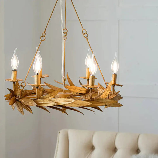 Gold 6 Lights Ceiling Pendant Light Vintage Metal Candle Chandelier Lamp With Garland Design