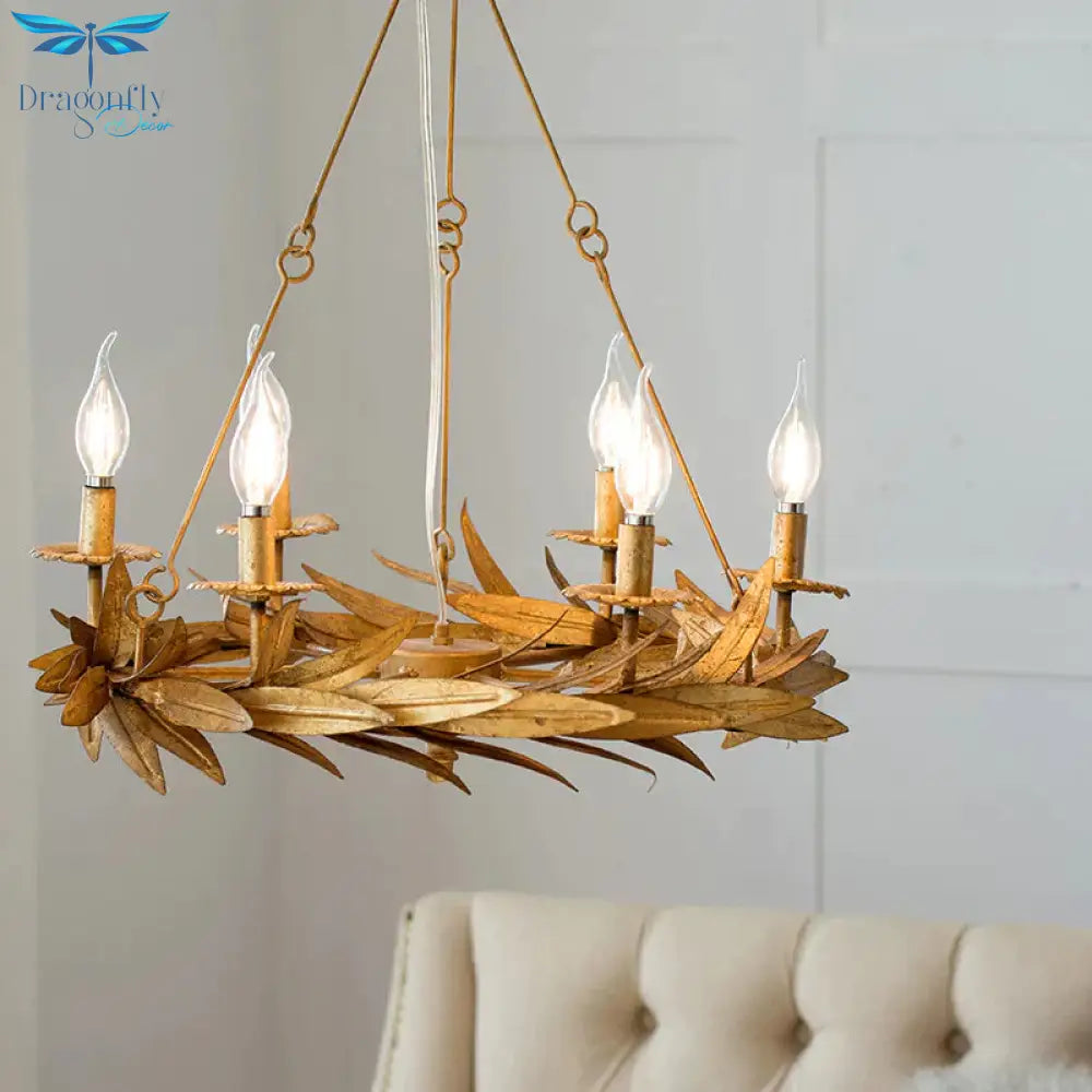 Gold 6 Lights Ceiling Pendant Light Vintage Metal Candle Chandelier Lamp With Garland Design