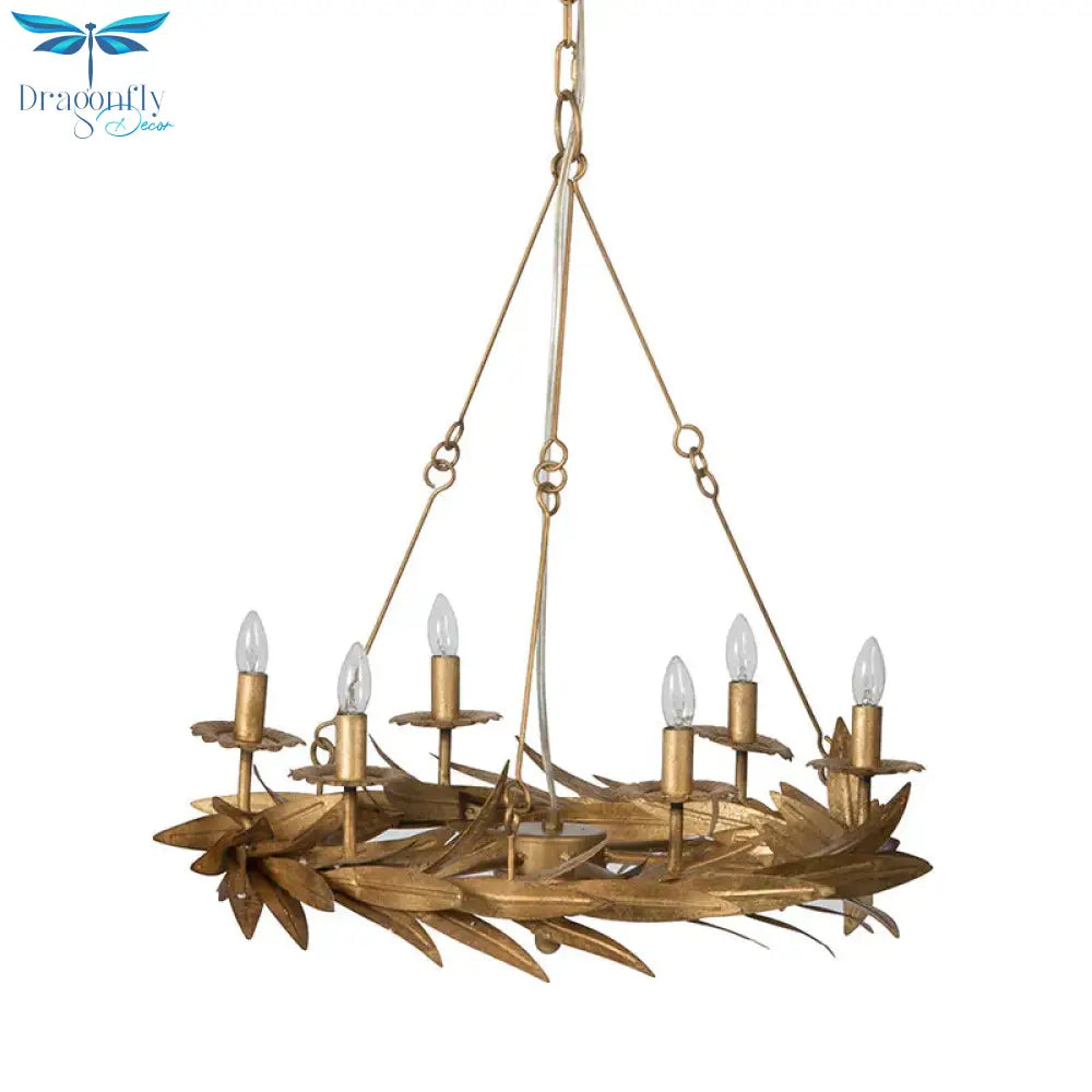 Gold 6 Lights Ceiling Pendant Light Vintage Metal Candle Chandelier Lamp With Garland Design