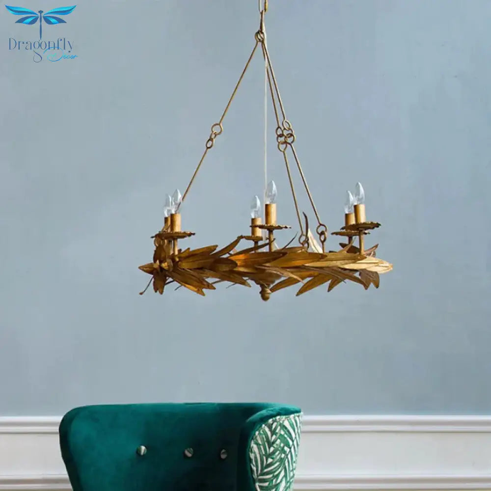 Gold 6 Lights Ceiling Pendant Light Vintage Metal Candle Chandelier Lamp With Garland Design