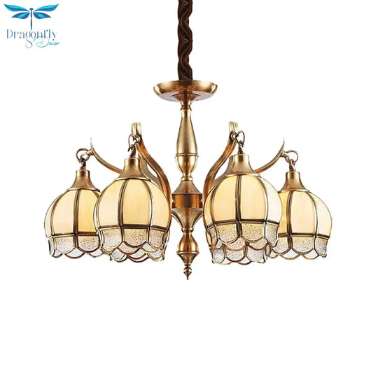 Gold 6 Lights Chandelier Lamp Colonialist Frosted Glass Flower Shape Down Lighting Pendant