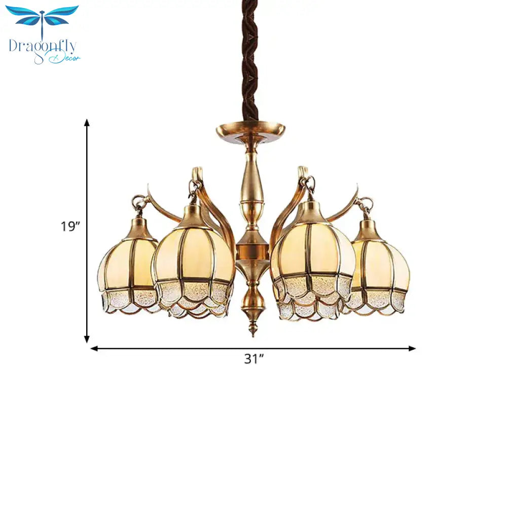 Gold 6 Lights Chandelier Lamp Colonialist Frosted Glass Flower Shape Down Lighting Pendant