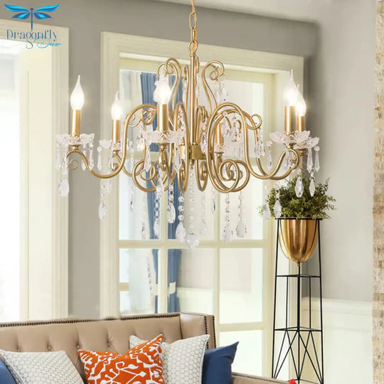 Gold 6 Lights Chandelier Lighting Fixture Lodge Crystal Candelabra Suspension Pendant
