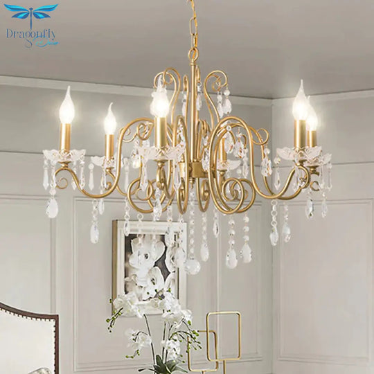 Gold 6 Lights Chandelier Lighting Fixture Lodge Crystal Candelabra Suspension Pendant