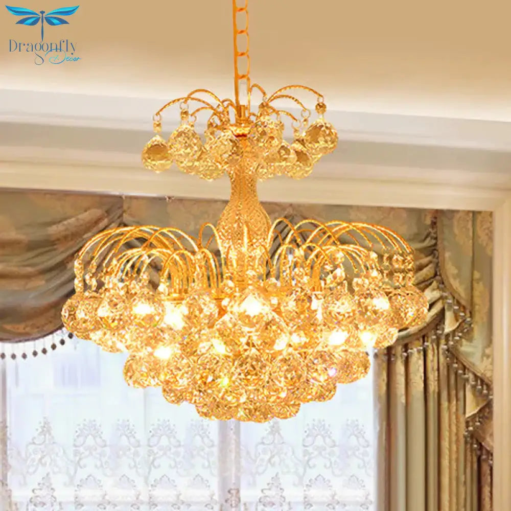 Gold 6 Lights Hanging Chandelier Classic Crystal Prisms Fountain Pendulum Light For Dining Room