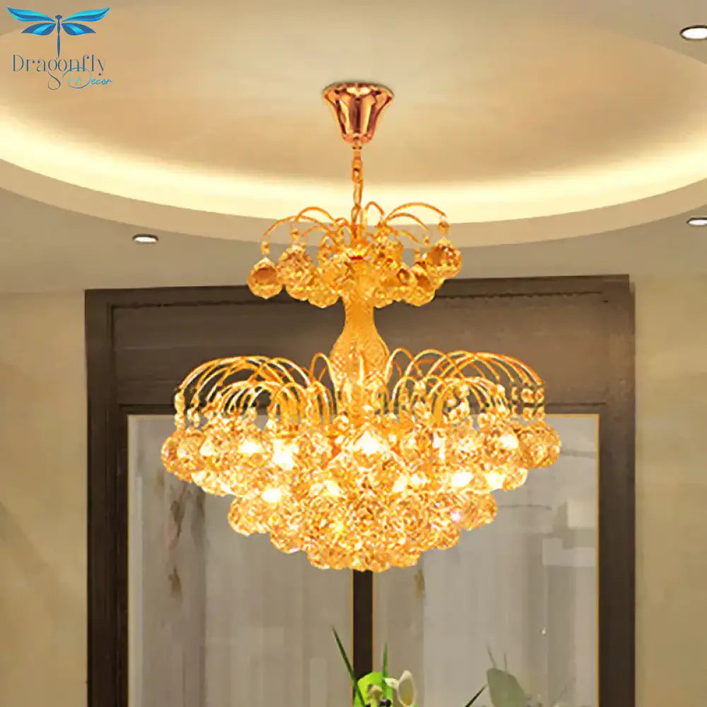 Gold 6 Lights Hanging Chandelier Classic Crystal Prisms Fountain Pendulum Light For Dining Room