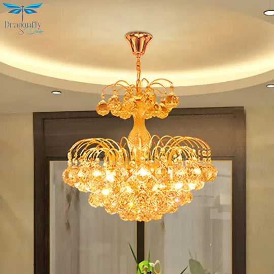 Gold 6 Lights Hanging Chandelier Classic Crystal Prisms Fountain Pendulum Light For Dining Room