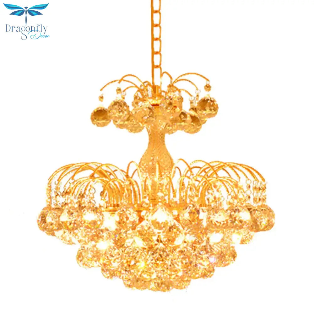 Gold 6 Lights Hanging Chandelier Classic Crystal Prisms Fountain Pendulum Light For Dining Room