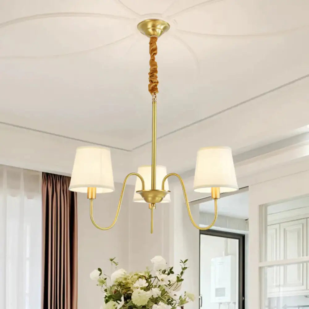 Gold Barrel Pendant Chandelier Colonial Fabric 3/5/8 Bulbs Living Room Ceiling Light With Gooseneck