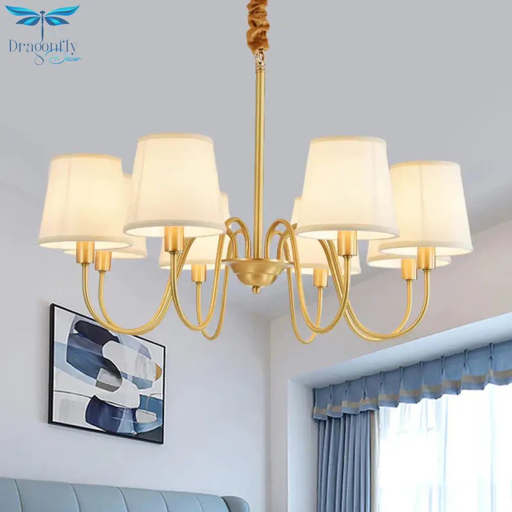 Gold Barrel Pendant Chandelier Colonial Fabric 3/5/8 Bulbs Living Room Ceiling Light With Gooseneck