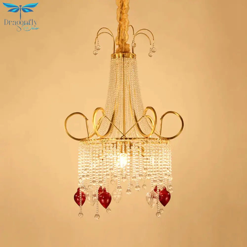 Gold Beaded Chandelier Pendant Light Rural Crystal 4 Lights Living Room Ceiling Hang Fixture