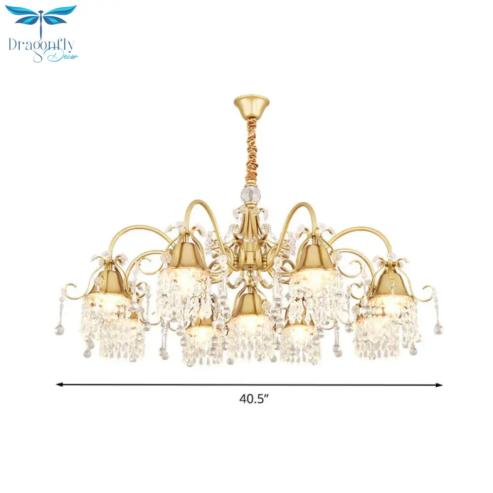 Gold Bell Chandelier Minimalist 7/9 Lights Crystal Beaded Strand Hanging Lamp Kit For Living Room