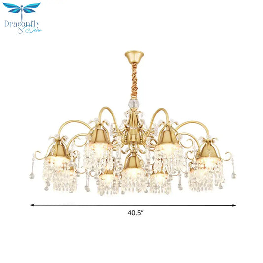 Gold Bell Chandelier Minimalist 7/9 Lights Crystal Beaded Strand Hanging Lamp Kit For Living Room