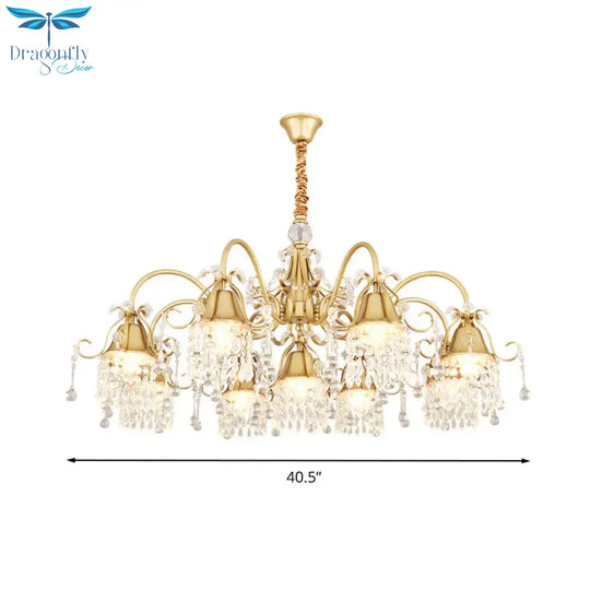 Gold Bell Chandelier Minimalist 7/9 Lights Crystal Beaded Strand Hanging Lamp Kit For Living Room