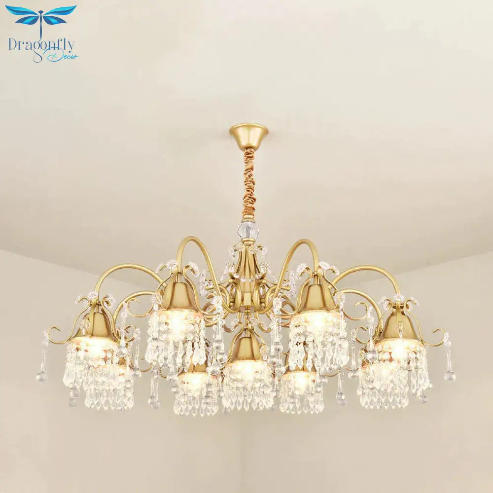 Gold Bell Chandelier Minimalist 7/9 Lights Crystal Beaded Strand Hanging Lamp Kit For Living Room