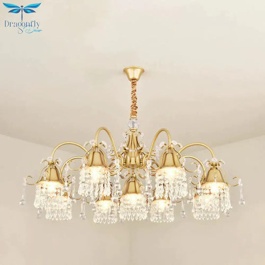 Gold Bell Chandelier Minimalist 7/9 Lights Crystal Beaded Strand Hanging Lamp Kit For Living Room