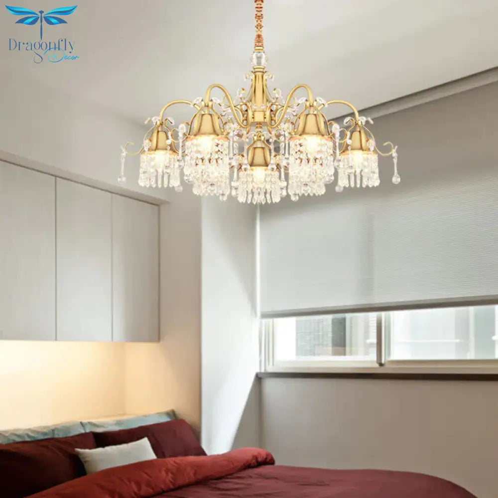 Gold Bell Chandelier Minimalist 7/9 Lights Crystal Beaded Strand Hanging Lamp Kit For Living Room