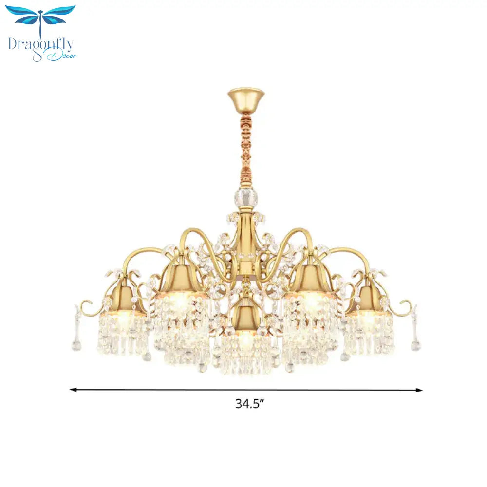 Gold Bell Chandelier Minimalist 7/9 Lights Crystal Beaded Strand Hanging Lamp Kit For Living Room